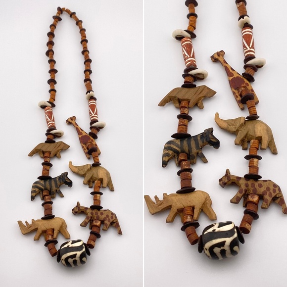 Hand Carved Wood African Safari Animals Beaded Necklace - Picture 1 of 13